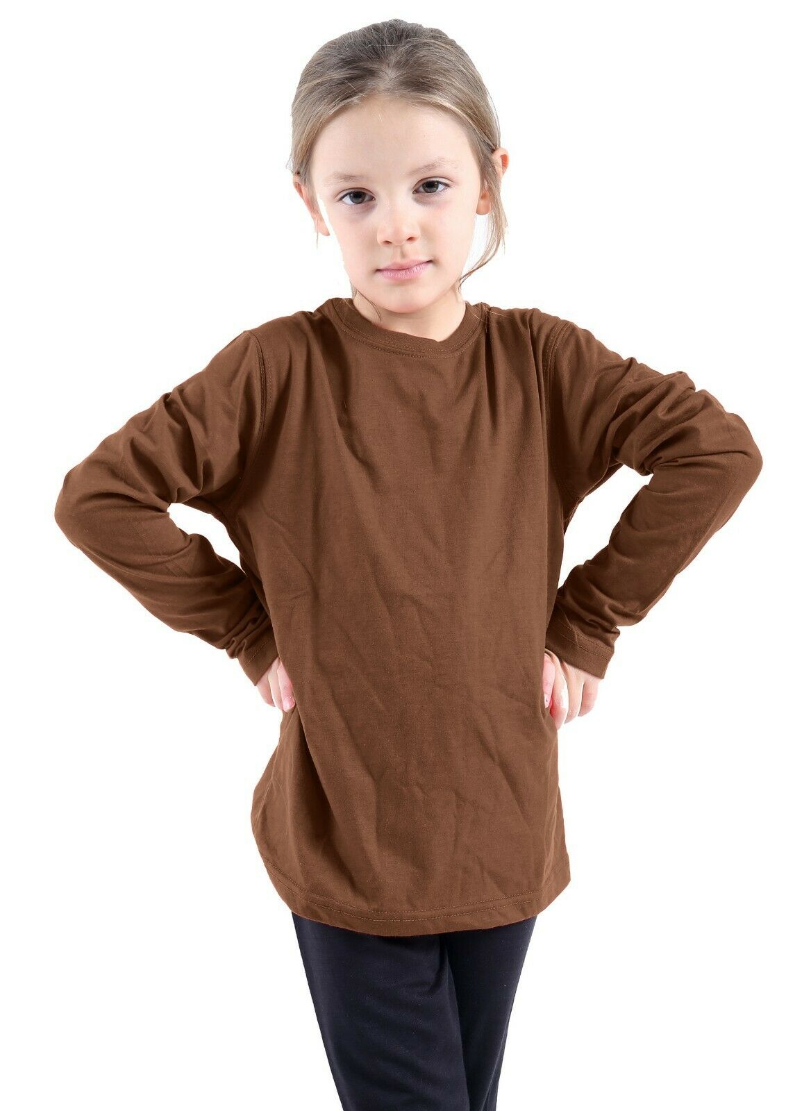 Girls Long Sleeve Plain Basic Kids T-Shirt Tops Crew Neck Uniform TEE 2-13 Years