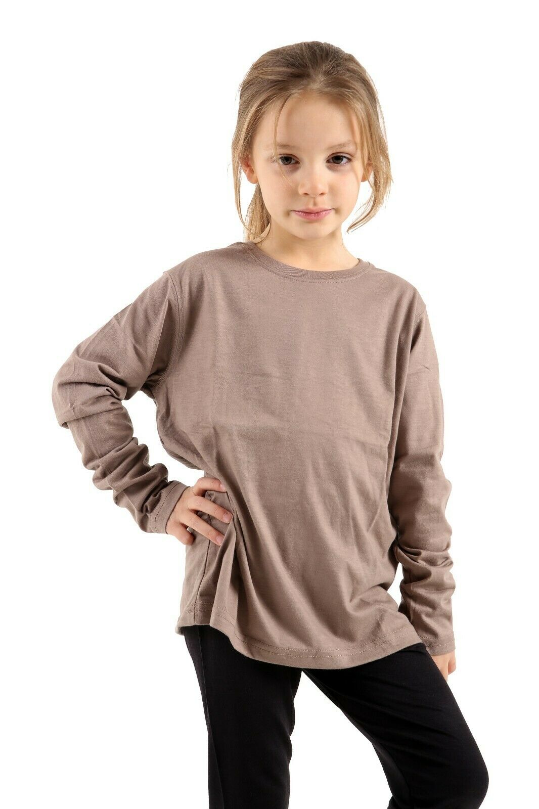Girls Plain Long Sleeve Top Kids Children Crew Neck Tops Tee T-Shirt 2-13 Years 